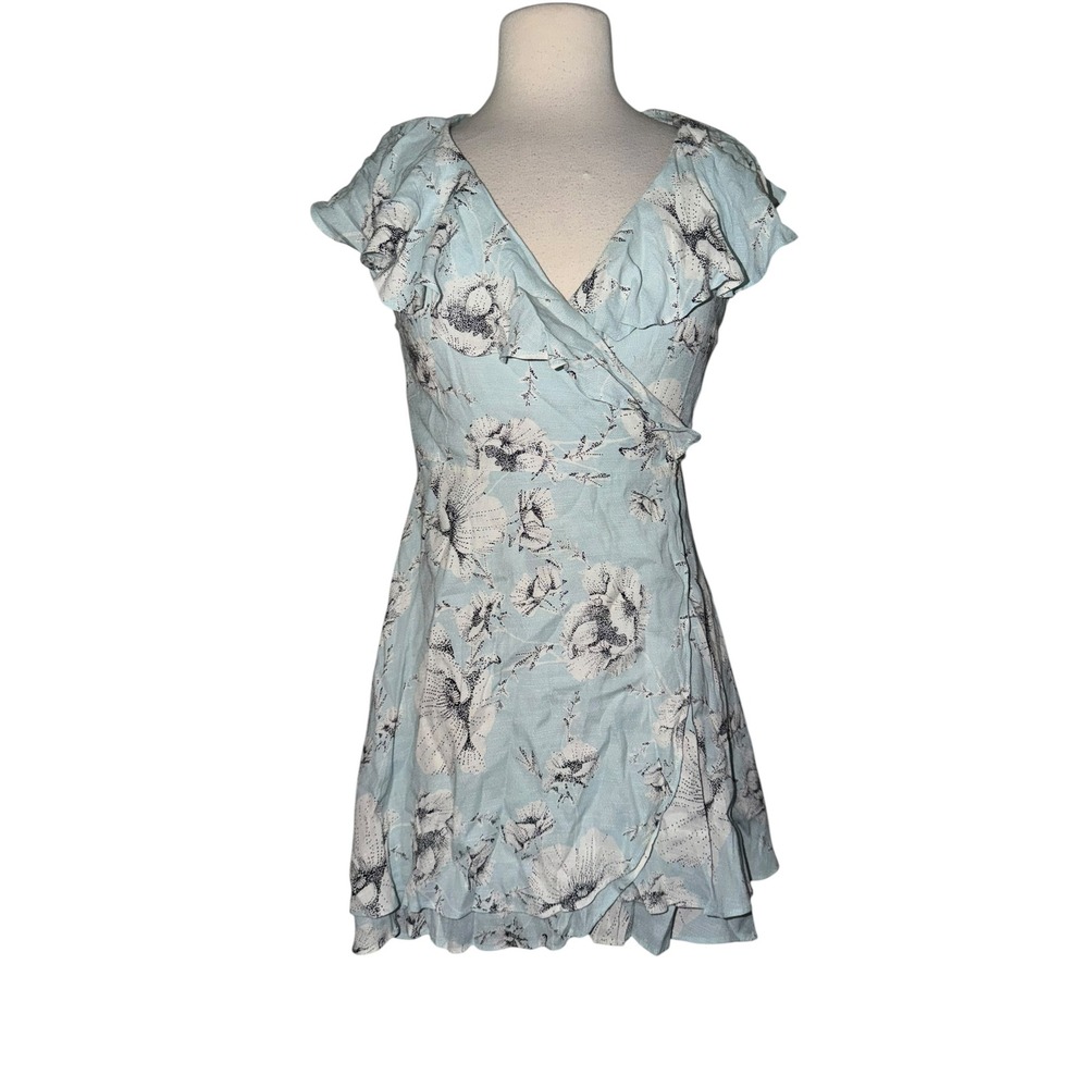 Free People French Quarter Wrap Dress Light Blue Floral Ruffle Mini Small CR5 - Picture 3 of 10